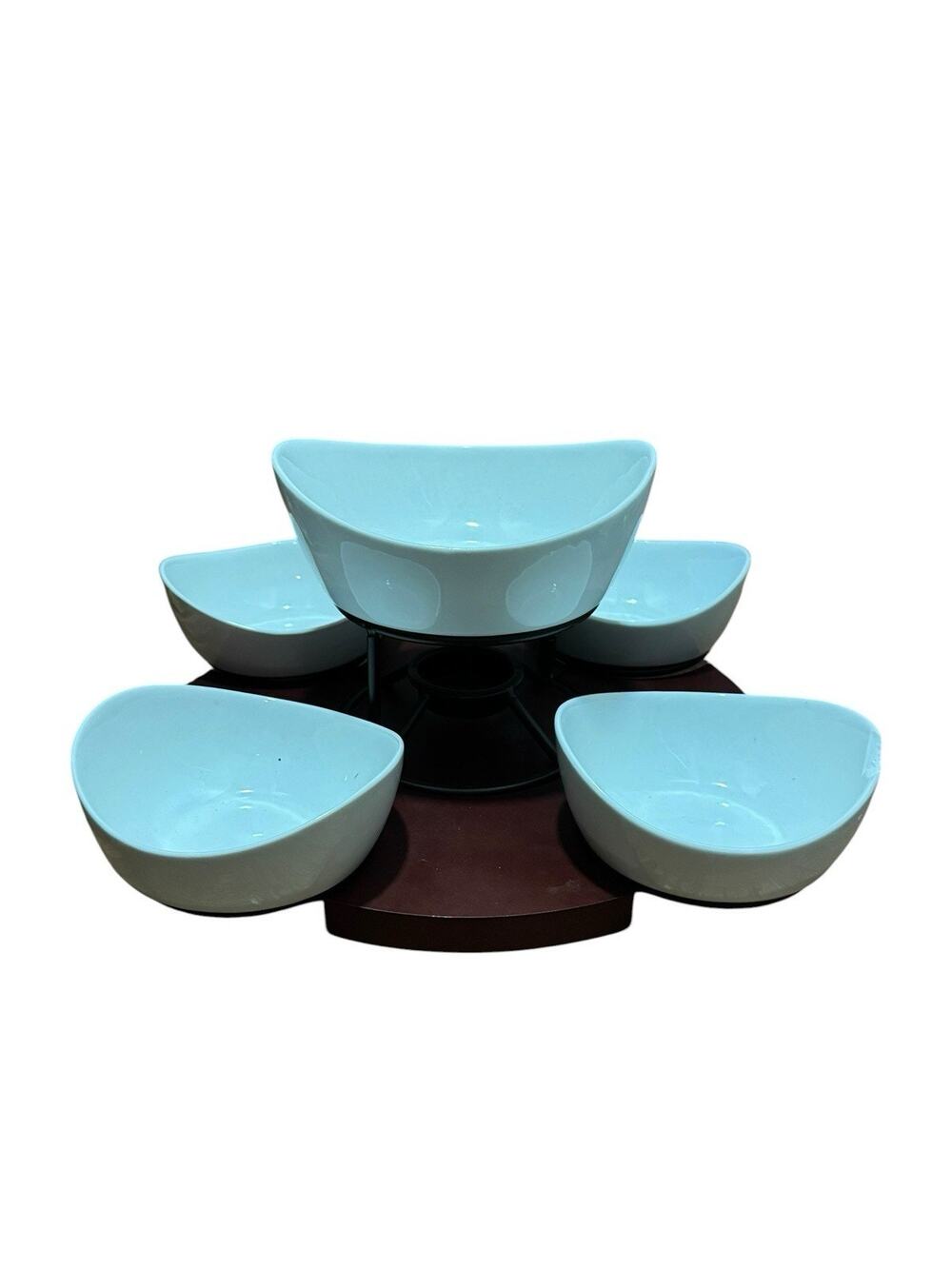B Smith With Style Wooden Lazy Susan With Metal Tray Warmer & 5 Ceramic Bowls